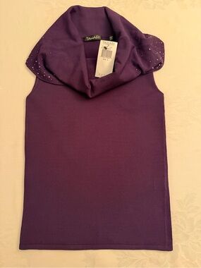 Tahari Plum Fold-Over Neck Sleeveless Top with Rhinestones